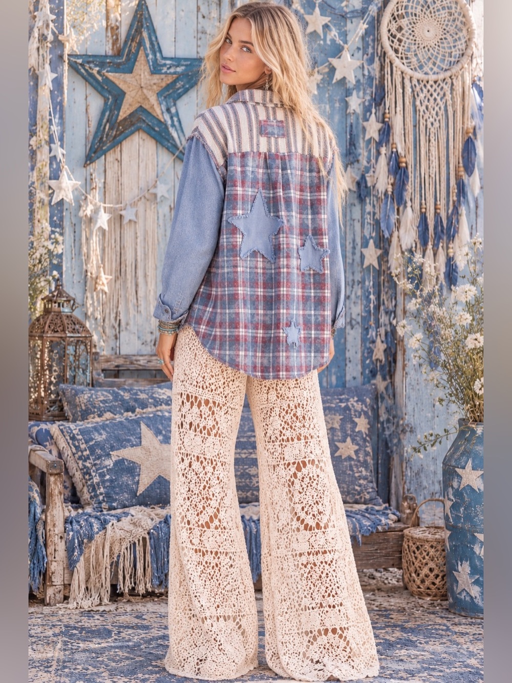 Easel Star patchwork Shacket Plaid flannel Button-Down Shirt blue white